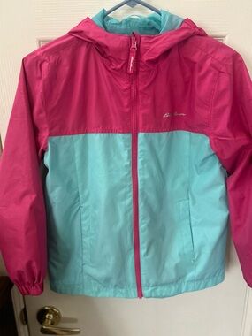 Eddie Bauer Hot Pink and Aqua Lightweight Hooded Jacket size M 10/12.